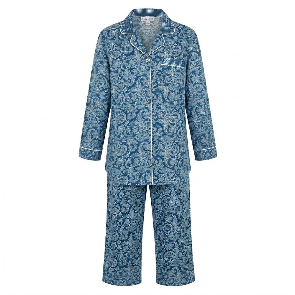 Miss Elaine Petites Medium Blue Paisley Button Front Soft Pajama Set PM Lounge